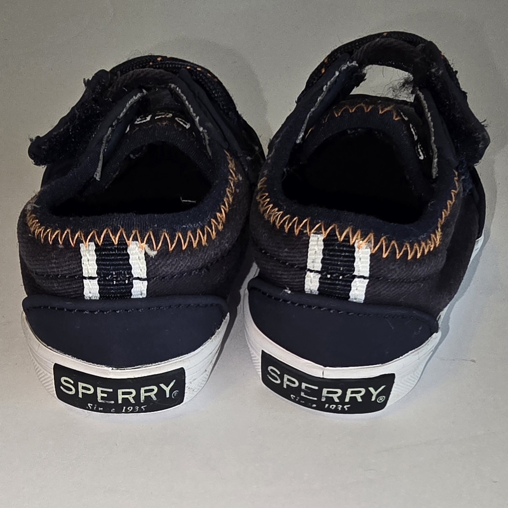 Sperry Baby 2m Navy Sneakers with Orange Accents Preppy Boat Shoe Clean - Picture 2 of 3